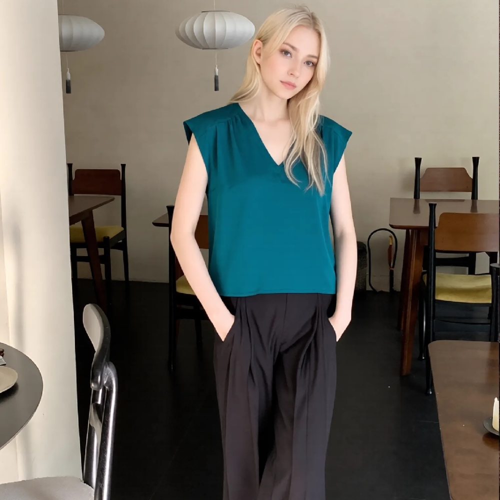 Joie Silk V-Neck Blouse | Ocean Blue Short Sleeve Top | Size M